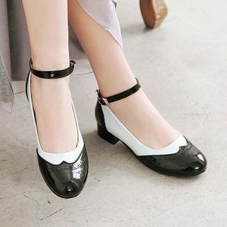 Faux Leather Wing Tip Ankle Strap Pumps
