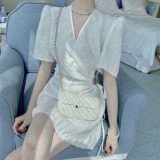 Cut-out V-neck Short-sleeve Mini A-line Dress