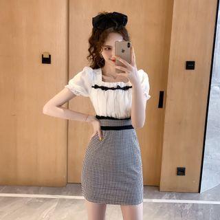 Puff-sleeve Shirred Gingham Panel Sheath Dress