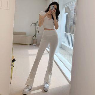 Set : Short-sleeve Lettering Embroidered Cropped T-shirt + High-waist Plain Wide-leg  Pants