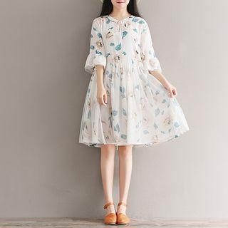Bell-sleeve Printed A-line Mesh Dress