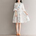 Bell-sleeve Printed A-line Mesh Dress
