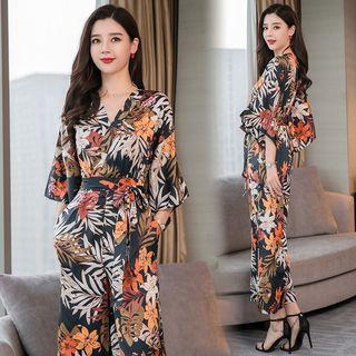 Flower Print 3/4-sleeve Chiffon Jumpsuit