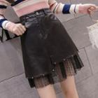 Faux Leather Mesh-panel Mini A-line Skirt