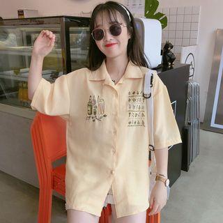 Embroidered Elbow-sleeve Blouse Yellow - One Size