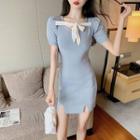 Short-sleeve Sheath Knit Dress 9208 - As Shown In Figure - One Size