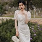 Ruffle Trim Puff-sleeve Lace Midi Sheath Dress