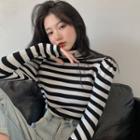 Mock-neck Striped Knit Top Stripes - Black & White - One Size