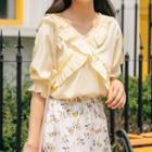 Elbow-sleeve Frill-trim Top Yellow - One Size