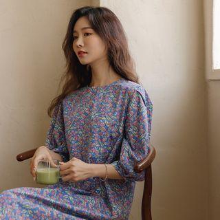 Puff-sleeve Flared Long Floral Dress