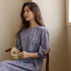 Puff-sleeve Flared Long Floral Dress