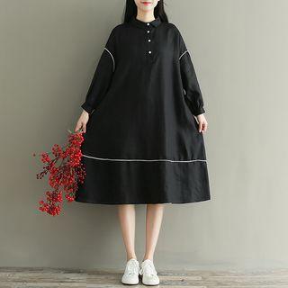 Contrast Trim Midi Long Sleeve Dress