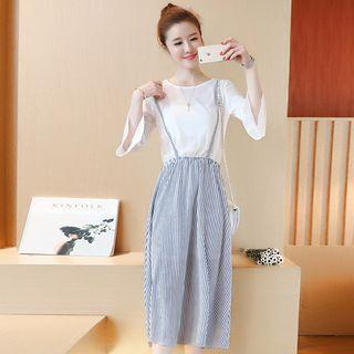 Set: Plain 3/4 Sleeve Top + Striped Midi Suspender Skirt