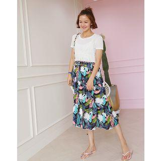 Set: Sheer T-shirt + Foliage Mock Two-piece Dress