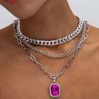 Faux Crystal Pendant Layered Choker Necklace 0469 - Silver - One Size