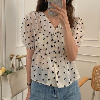 Short-sleeve Heart Print Blouse White - One Size