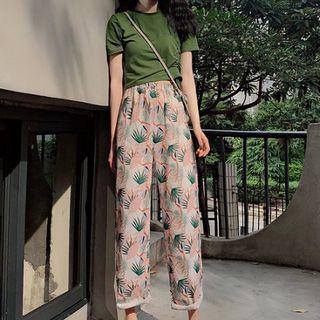 Short-sleeve Drawstring Top / Leaf Print Wide Leg Pants