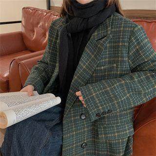 Double Breasted Plaid Blazer Dark Green - One Size