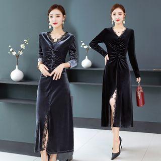 Long-sleeve Velvet Ruched Sheath Dress