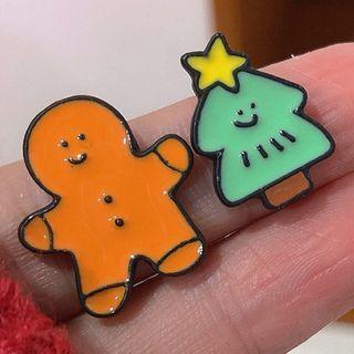 Christmas Gingerbread Man / Tree Asymmetrical Earring 1 Pair - Silver Steel - Brown & Green - One Size