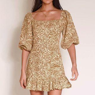Elbow-sleeve Square Neck Ruffle-trim Mini A-line Dress
