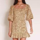 Elbow-sleeve Square Neck Ruffle-trim Mini A-line Dress