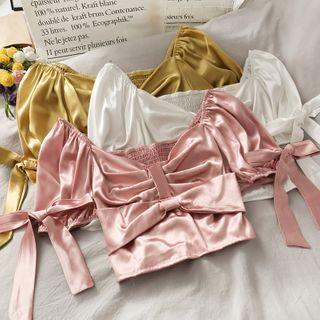 Boatneck Ribbon-accent Satin Crop Top