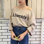 Cold Shoulder Lettering Embroidered 3/4-sleeve T-shirt