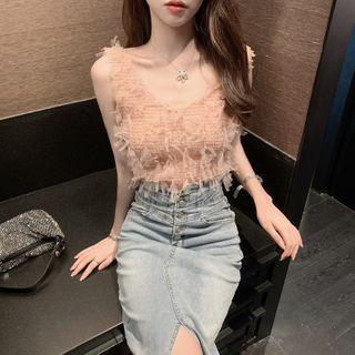 Sleeveless Fringed Shirred Top / High-waist Slim Fit Split Denim Skirt