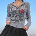 Long Sleeve Rose & Wings Vintage Print Zip-up Hoodie