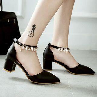 Faux Pearl Block Heel Pointy Sandals
