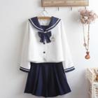 Set: Rabbit Embroidered Blouse + Mini A-line Skirt + Bow Tie
