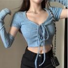 Set: Short-sleeve Lace Up Cropped T-shirt + Arm Sleeves Blue - One Size