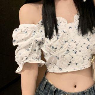 Puff-sleeve Off-shoulder Floral Cropped Top