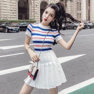 Set: Short-sleeve Striped Knit Top + Pleated Mini A-line Skirt