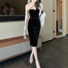 Long-sleeve One-shoulder Cutout Velvet Sheath Dress