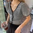 Puff-sleeve Patterned Knit Top Black & White - One Size