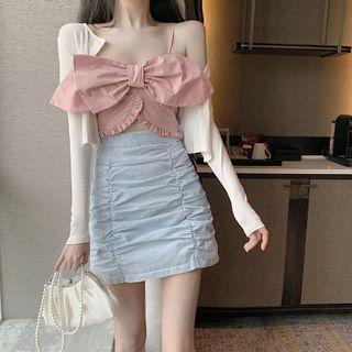 Set: Plain Cardigan + Bow-accent Camisole + Denim Skirt