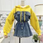 Denim-panel Mock Two-piece Hooed Pullover