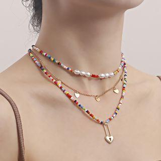 Lock Pendant Faux Pearl Bead Layered Necklace Purple & Blue & Red - One Size