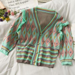 Printed Ruffled-trim Knit Cardigan Green - One Size