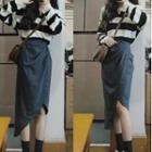 Collar Striped Sweatshirt / Asymmetrical Pencil Skirt / Set