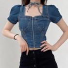 Short-sleeve Zipped Denim Blouse