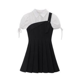Asymmetrical Mock Two-piece Puff-sleeve Pleated Dress