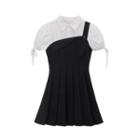 Asymmetrical Mock Two-piece Puff-sleeve Pleated Dress
