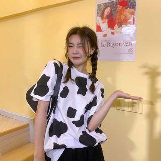 Cow Print Short-sleeve T-shirt As Shown In Figure - One Size