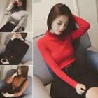 Ruffle Trim Mock-neck Long-sleeve Knit Top