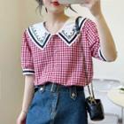 Short-sleeve Plaid Flower Embroidered Blouse