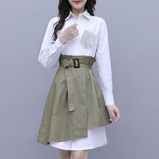 Set: Long-sleeve Mini A-line Shirtdress + Belted A-line Skirt