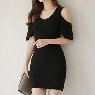 Cutout Shoulder Plain Sheath Dress
